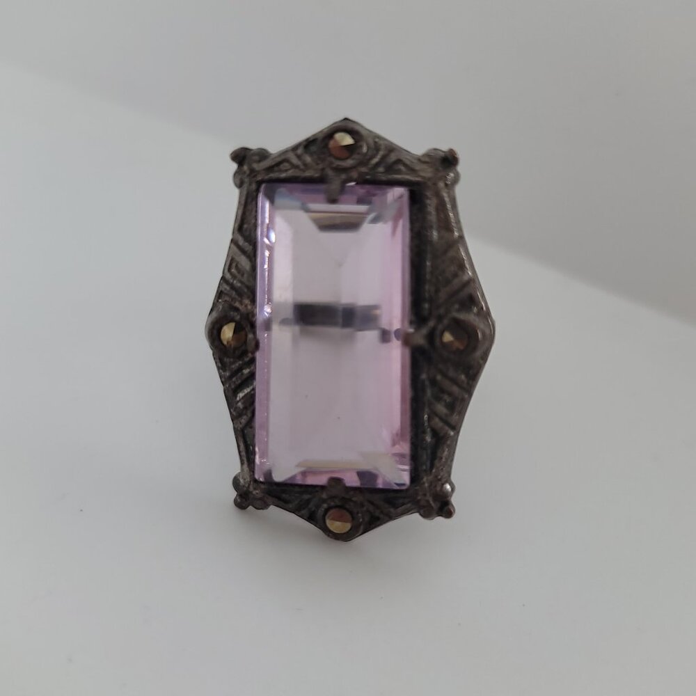 Antique (1920s) Art Deco Marcasite, Glass & Sterling Ring